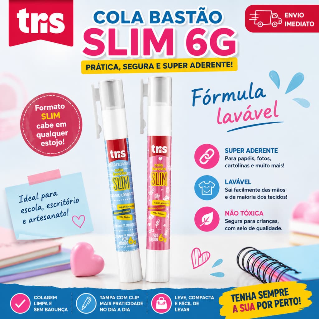 Cola Bastão Slim 6g Tris Lavável Não Tóxica Escolar Papel Artesanato