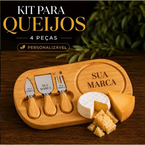 Kit Tábua De Queijos 4 Peças Madeira Personalizável Premium