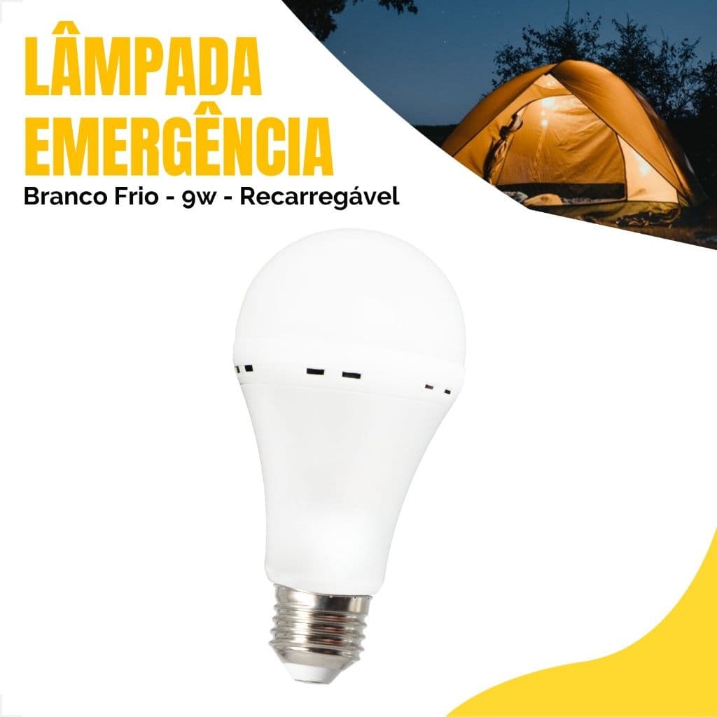Kit 5 Lâmpada Emergência A70 9w 6500k Branco Frio Bulbo luminária Led Bateria Integrada Recarregável
