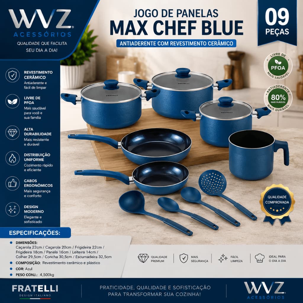 Jogo de Panelas Cerâmica Antiaderente 9 Peças Indução Gás Elétrico Azul Fratelli BlueChef