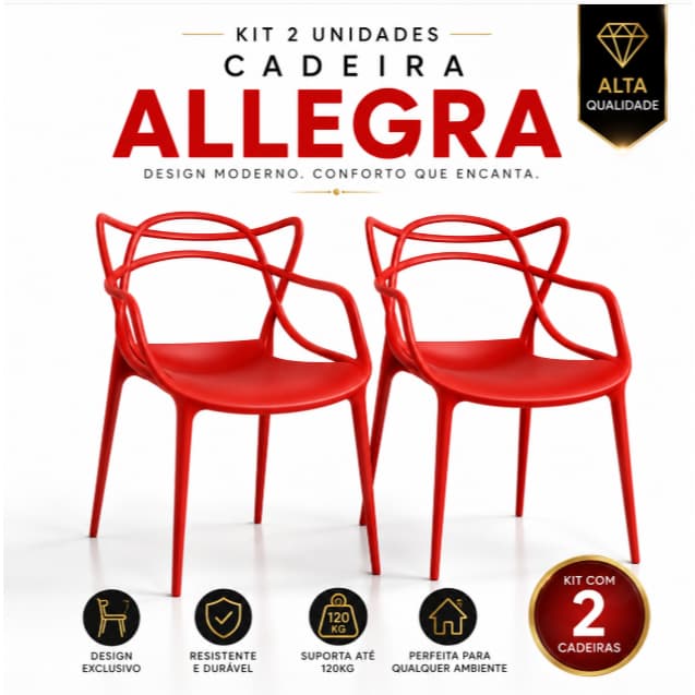 QUEIMA DE ESTOQUE - KIT 2 Cadeiras Allegra Top de Vendas – VERMELHA NUDE PRETA - Envio Imediato