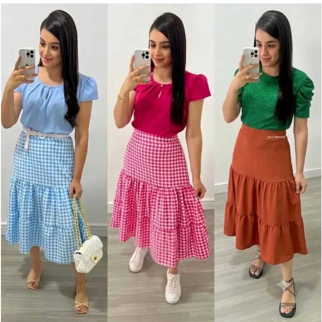Saia Midi TRES Marias no tecido crepinho estampas XADREZ,  e POÁ com elastico  nas costas TENDENCIA 2026 Moda Evangelica