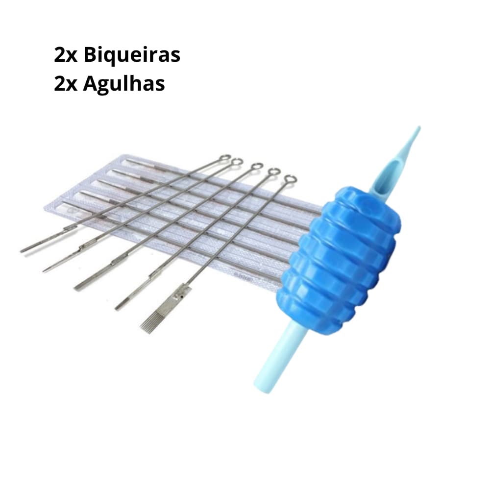 KIT 2UND Agulhas Diversas Marcas e Biqueiras Azul ou rosa Transparente Electric Ink Tattoo Tatuagem