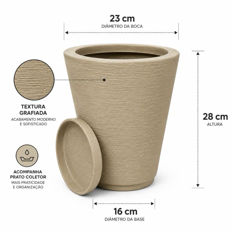 Vaso para Plantas Polietileno 28cm Decorativo Redondo Grafiado com Prato Coletor Jardim Sala Varanda