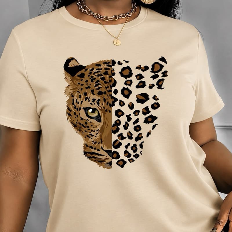 Camiseta T-Shirt Feminina Estampa Onça Animal Print Premium Manga Curta Gola Redonda Casual