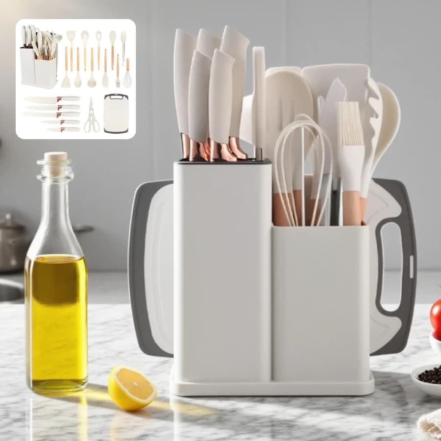 Kit Conjunto 19 Pçs De Utensílios Facas Silicone e Plástico Cozinha Jogo Completo Batedeira Colher Pegador