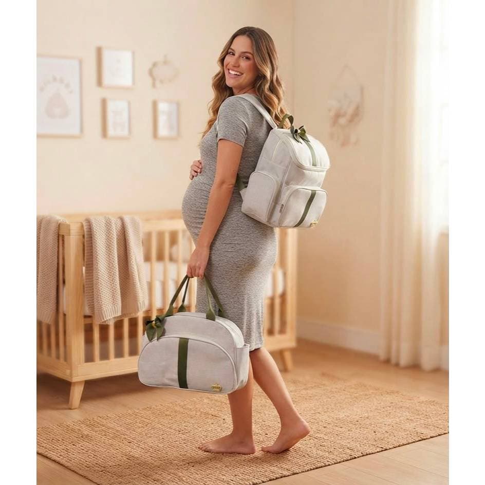 Mochila Maternidade Bebe + Bolsa Tiracolo G Bege/Verde Militar Luxo Linho Laço Tecido
