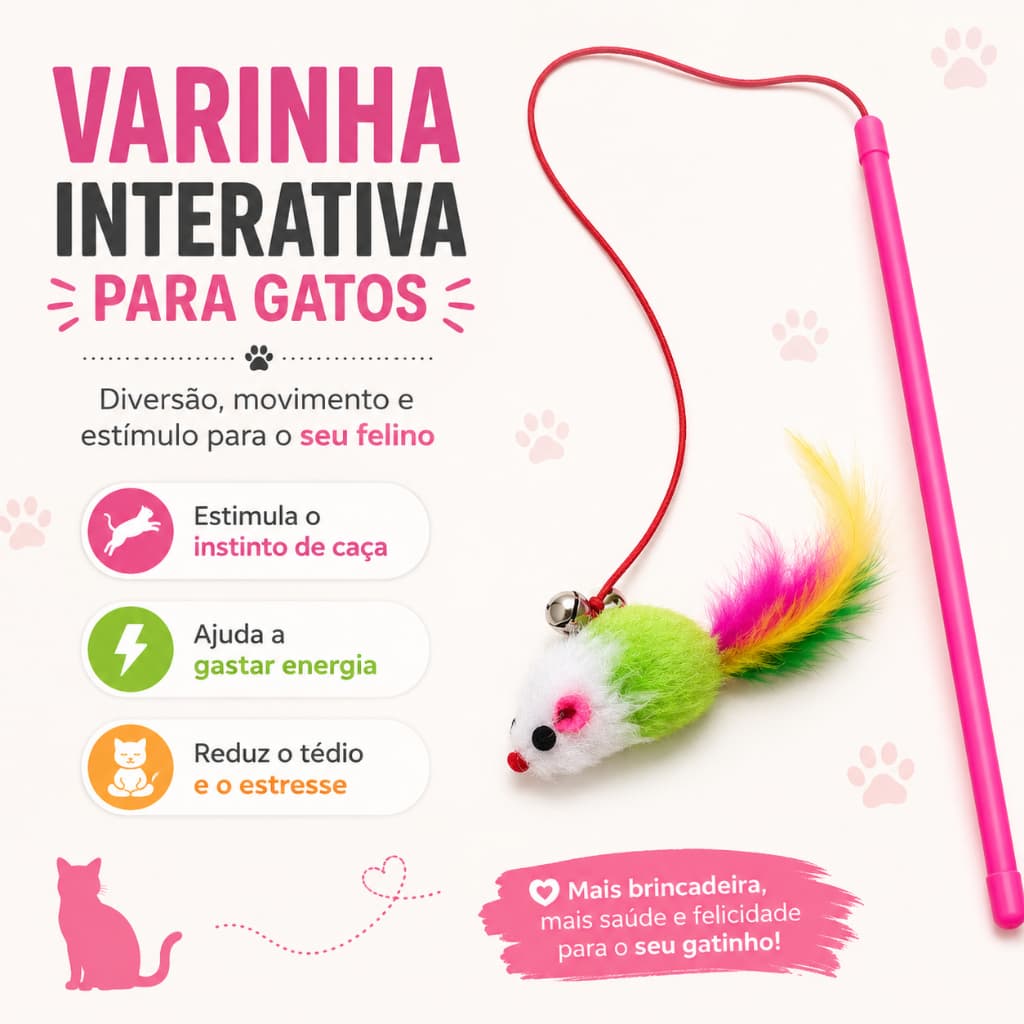 Brinquedo para Gatos Varinha com Ratinho e Penas Com Guizo 50cm Interativa