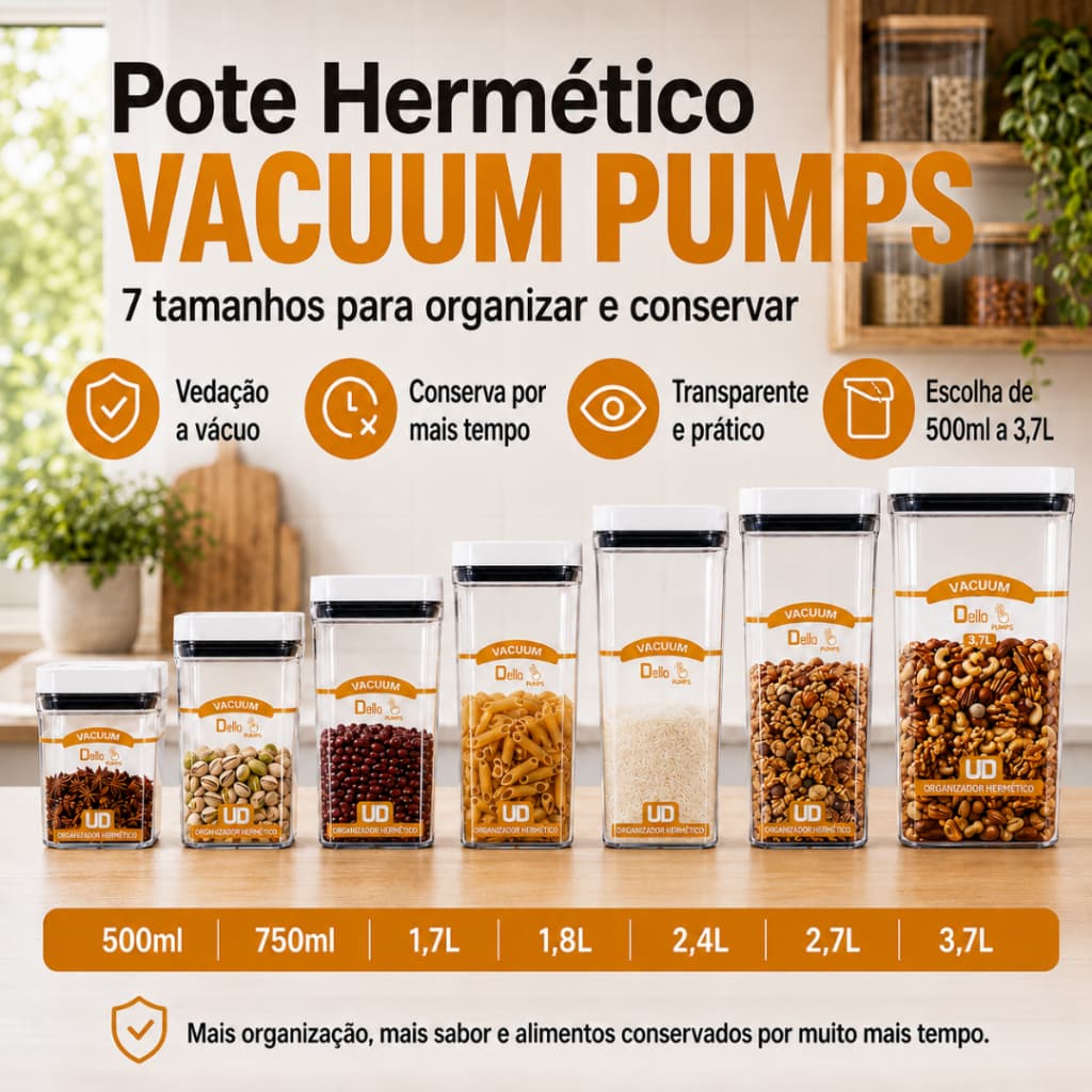 Pote Hermético Retangular Com Sistema Pumps Vedação Segura Conservação Frescor Alimentos Saudável Durável