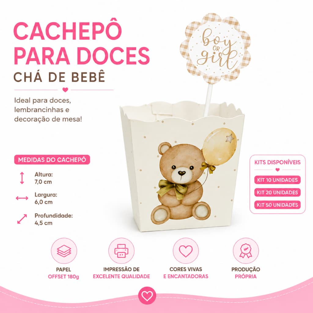 Cachepô Chá de Bebê Ursinho, Lembrancinha Festa Revelação PEGUE E MONTE