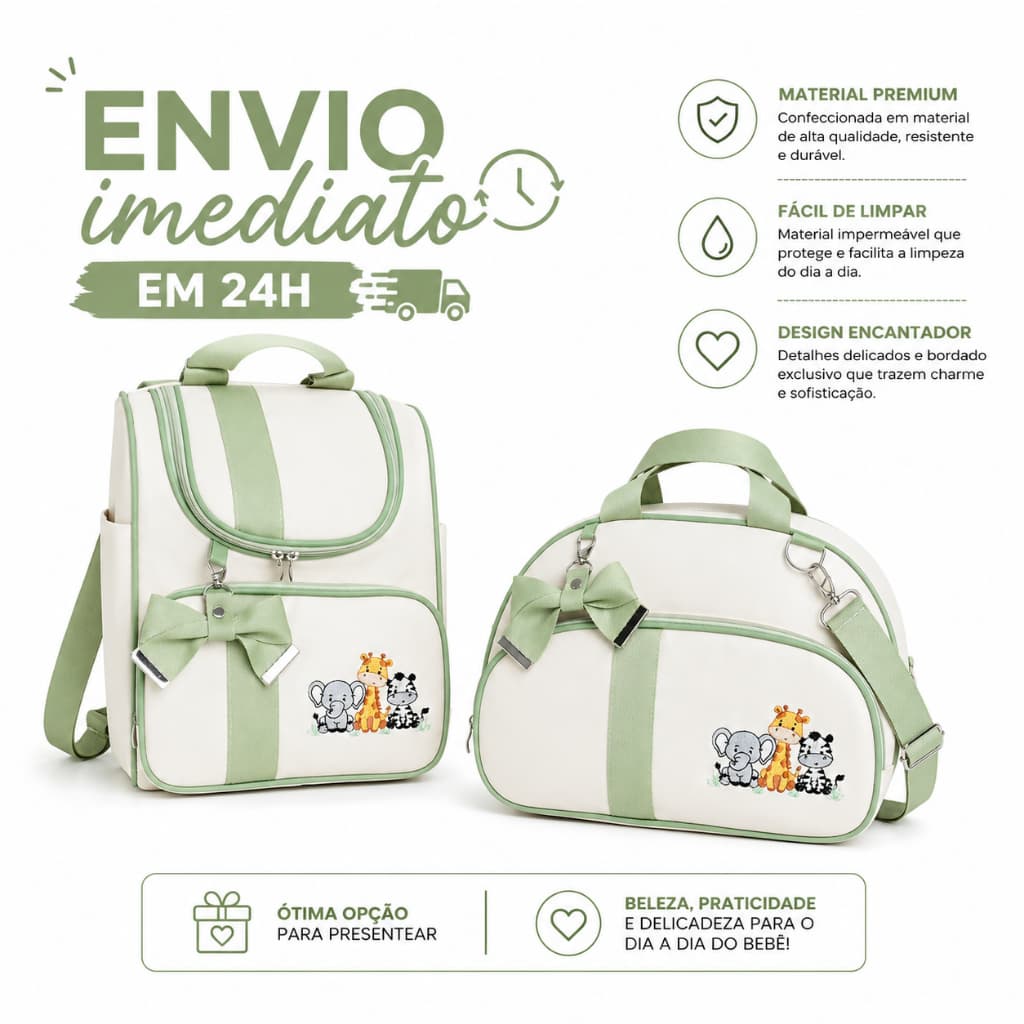 Kit Bolsa e Mochila 2em1 Maternidade em Material Corano com Bordado Safari