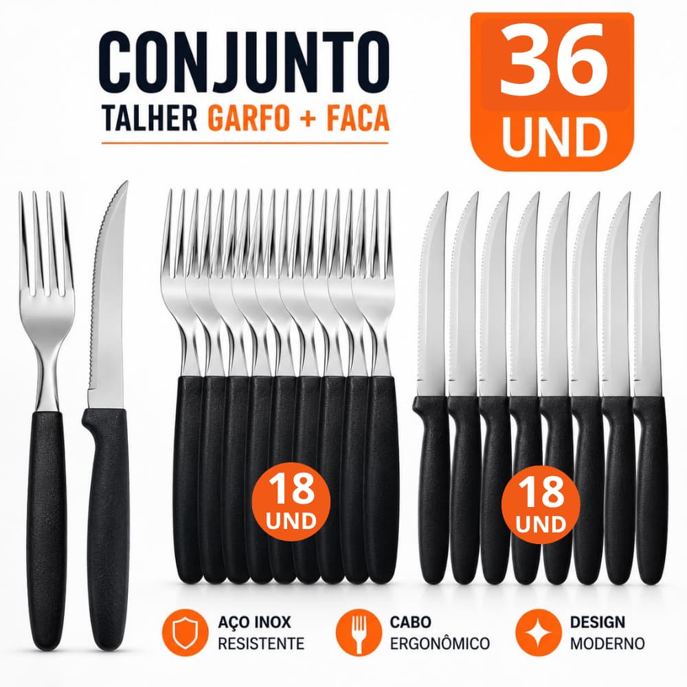 Conjunto de Talher 12/24/36 Peças Preto Inox Premium Para Casa Cozinha Festas Restaurantes
