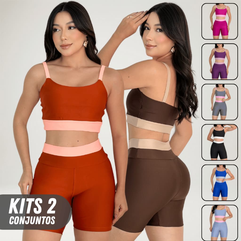 Kit 2 Conjuntos Fitness Feminino Top e Short Cintura Alta Academia Treino Confortável