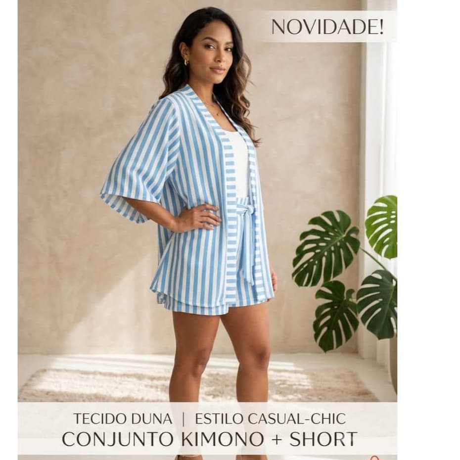 Conjunto Kimono Feminino Listrado (Kimono  Short)  Praia  Leve e Confortável  Elegante Blusa M G GG