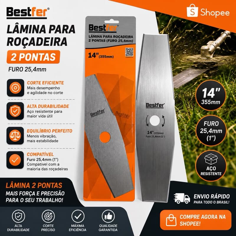 Lâmina Para Roçadeira 2 Pontas Facão 14" (355mm) Furo 25.4mm Bestfer