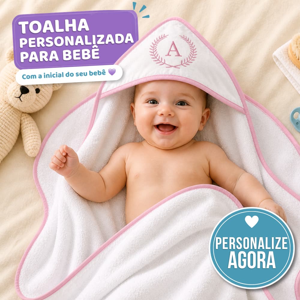 Toalha De Banho Bebê Menina Personalizada com Capuz 100% Algodão Bordada Macia Banho