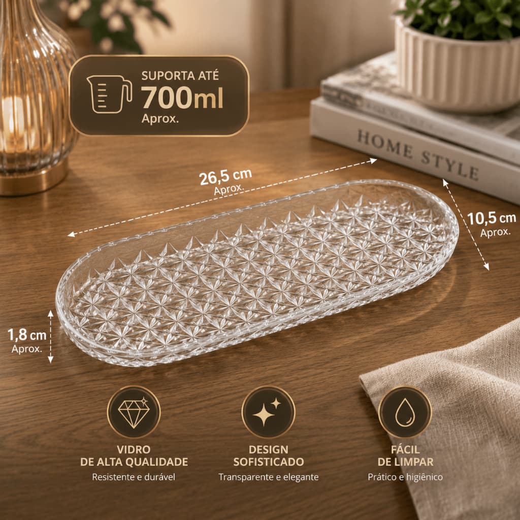 Travessa de Vidro Oval Arredondado Snow 25x13cm Decorada Elegante de Servir Petiscos Sobremesas Mesa