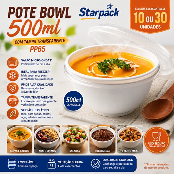 Pote Bowl 500ml com Tampa Transparente PP65 – Freezer e Micro-ondas – Pacote com 10 ou 30 Unidades