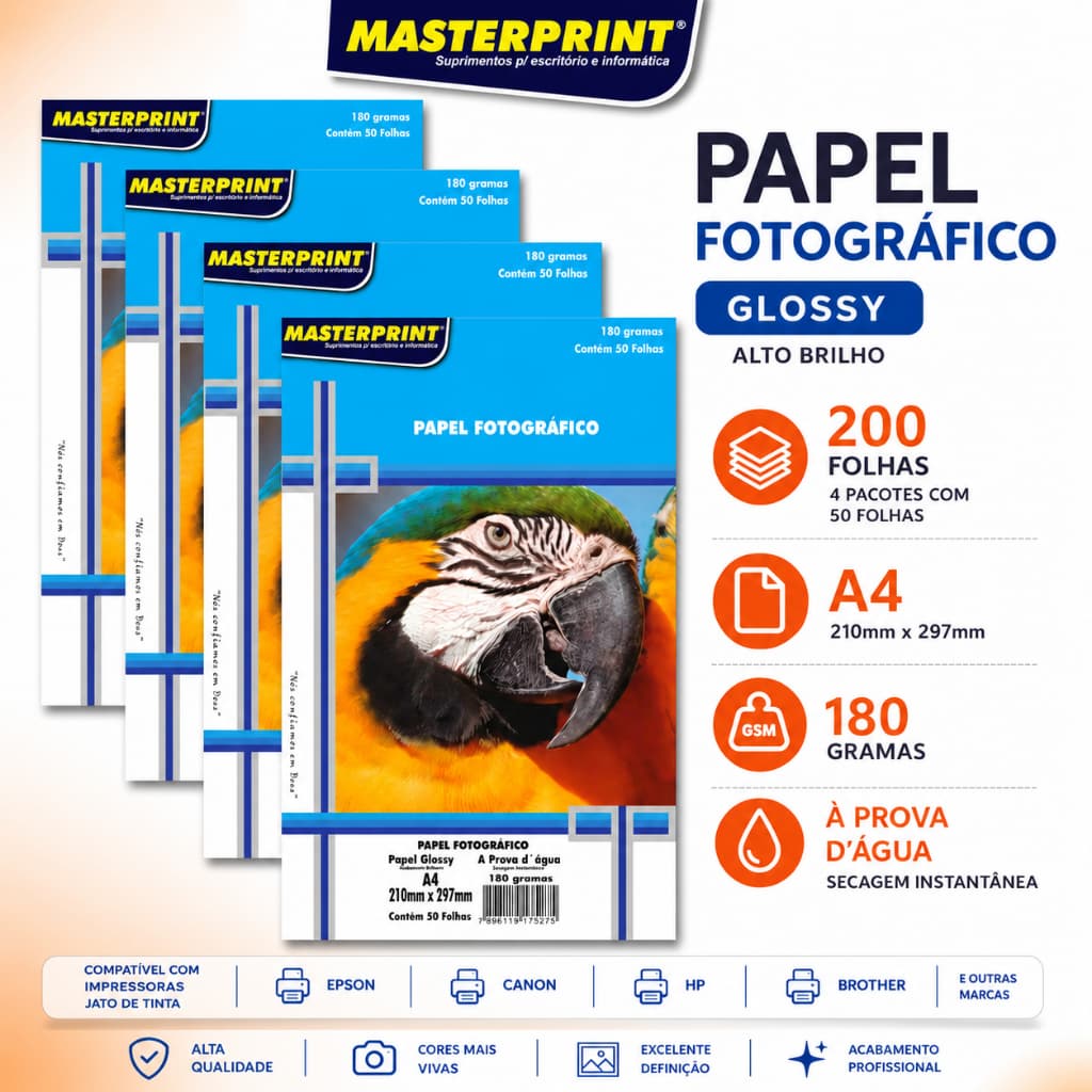 Papel Fotográfico Glossy A4 180g Masterprint 200 Folhas Alto Brilho Glossy A4 à Prova D'água Resistente MASTERPRINT