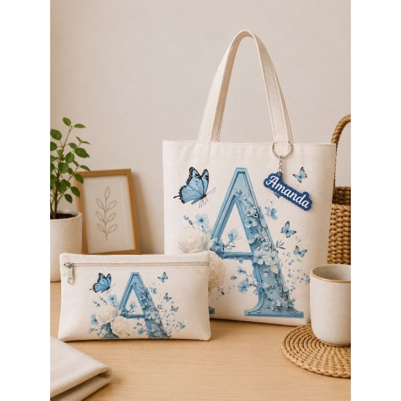 Kit Ecobag + Necessaire + Chaveiro com Nome Bolsa Sacola Algodão Cru Personalizada Inicial Presente Criativo