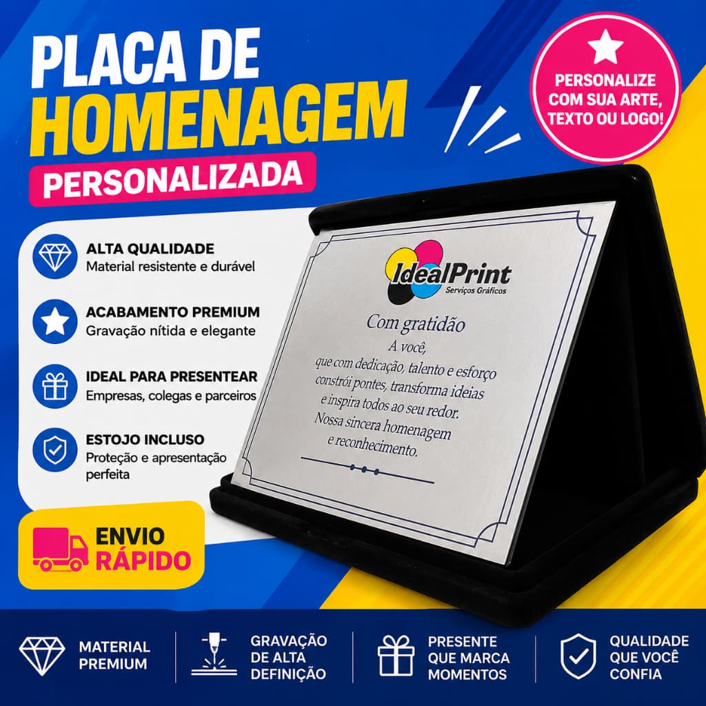 Placa de Homenagem Personalizada com Estojo de Veludo | Presente Corporativo | Gravação UV | Envio Rápido