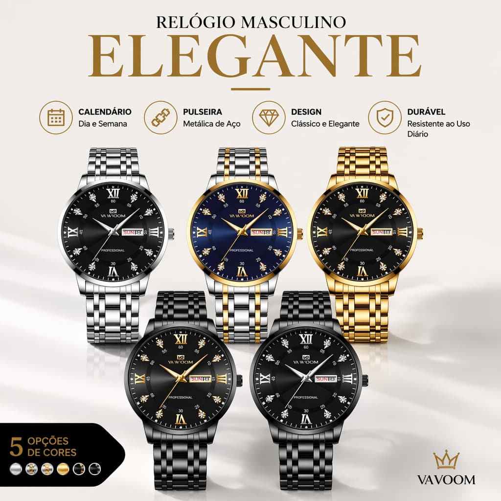 Relógio Masculino VA VA VOOM Aço Inoxidável - Luxo, Presente, Promoção| Calendário Duplo | 3ATM à Prova d'Água