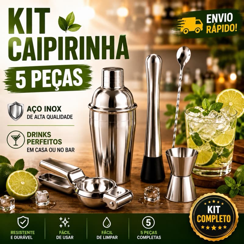 Kit Caipirinha 5 Peças Completo Coqueteleira 500ml Aço Inox Barman Profissional Bartender Bar Drinks