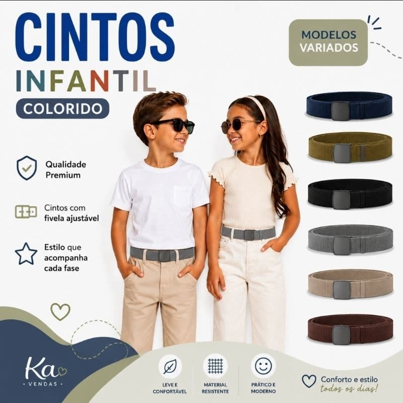 Cinto Infantil Ajustável Leve Confortável Para Calça Bermuda Uniforme Escolar Criança Unissex 90cm