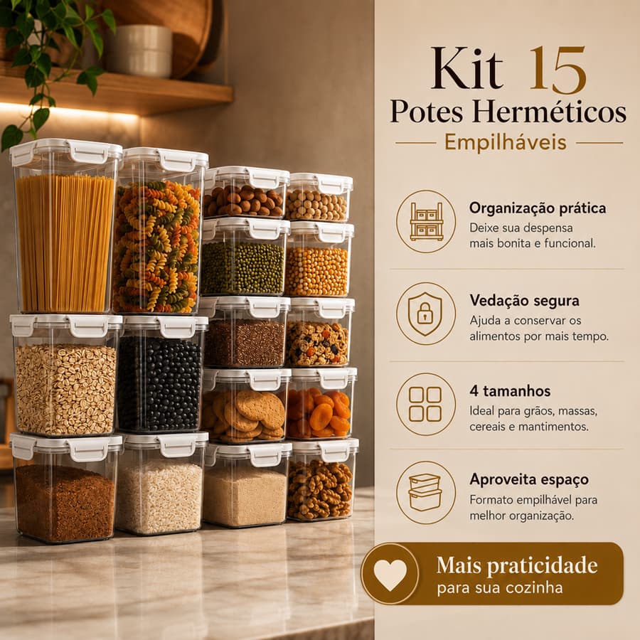 Conjunto 15 Potes Herméticos Organizador Dispensa Cozinha