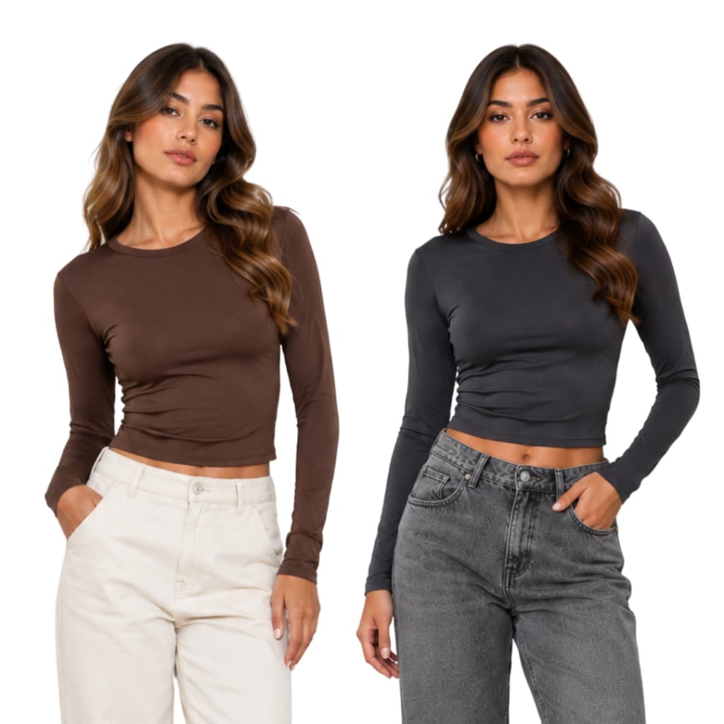 Kit 2 Baby Tee Manga Longa Blusa Feminina Slim Fit Blusinha Manga Comprida