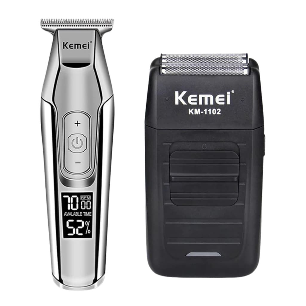 Kit Máquina de Cortar Cabelo e Aparador Kemei 5027 + 102 Profissional Sem Fio Recarregável Bivolt