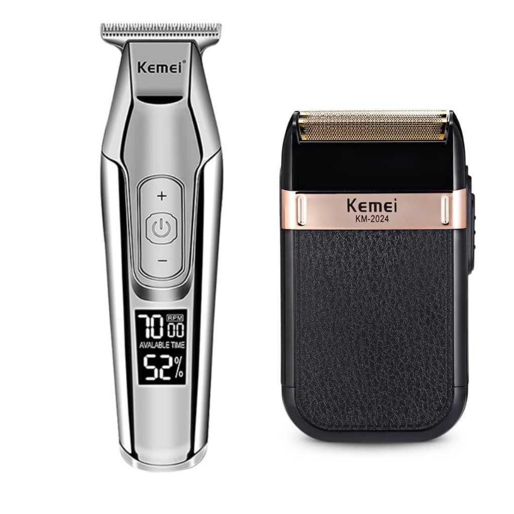 Kit Máquinas de corte e acabamento profissional kemei 5027 + 2024 recarregável sem fio bivolt