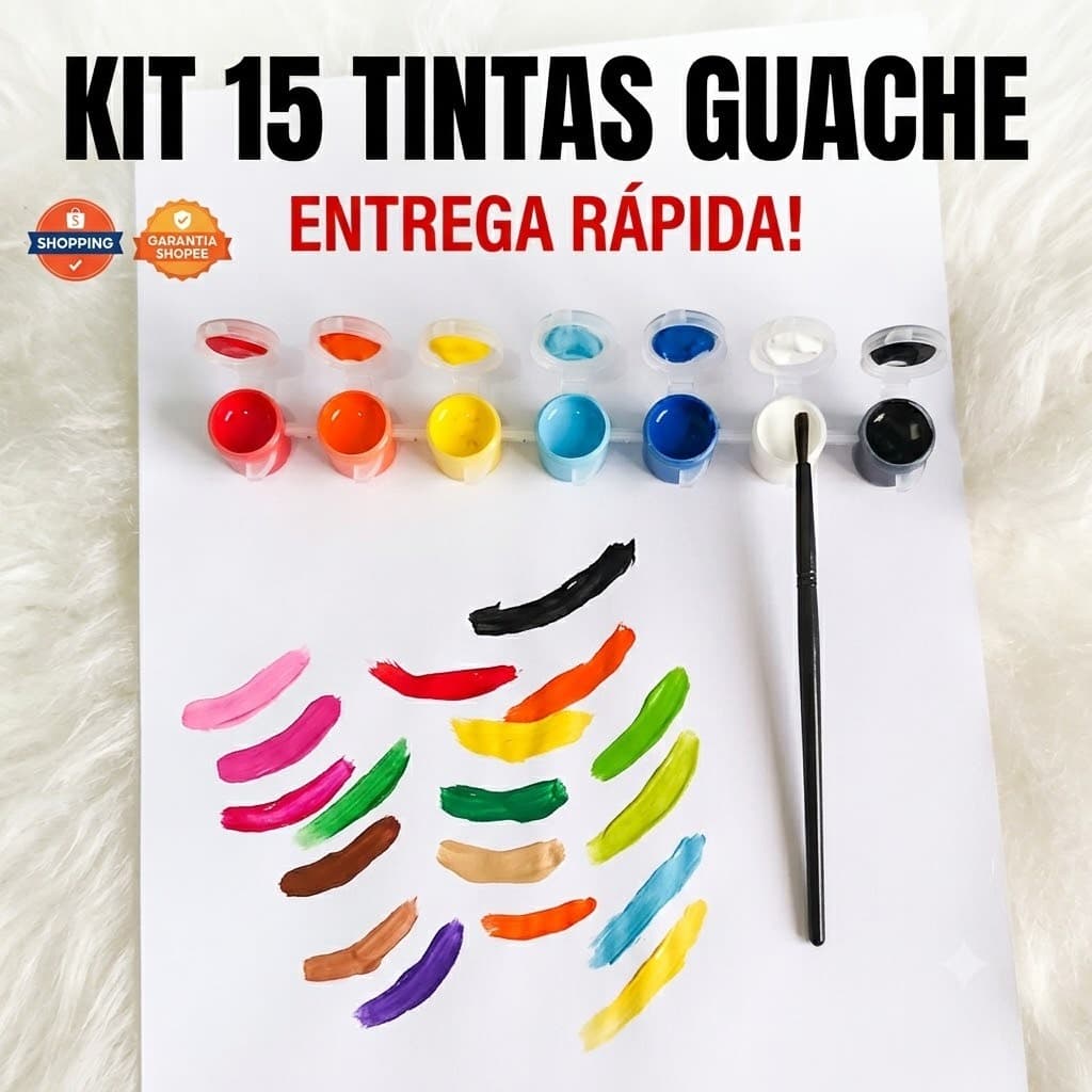 KIT 15 TINTAS GUACHE INFANTIL COM PINCEL TINTAS POSTER ARTES 3ML