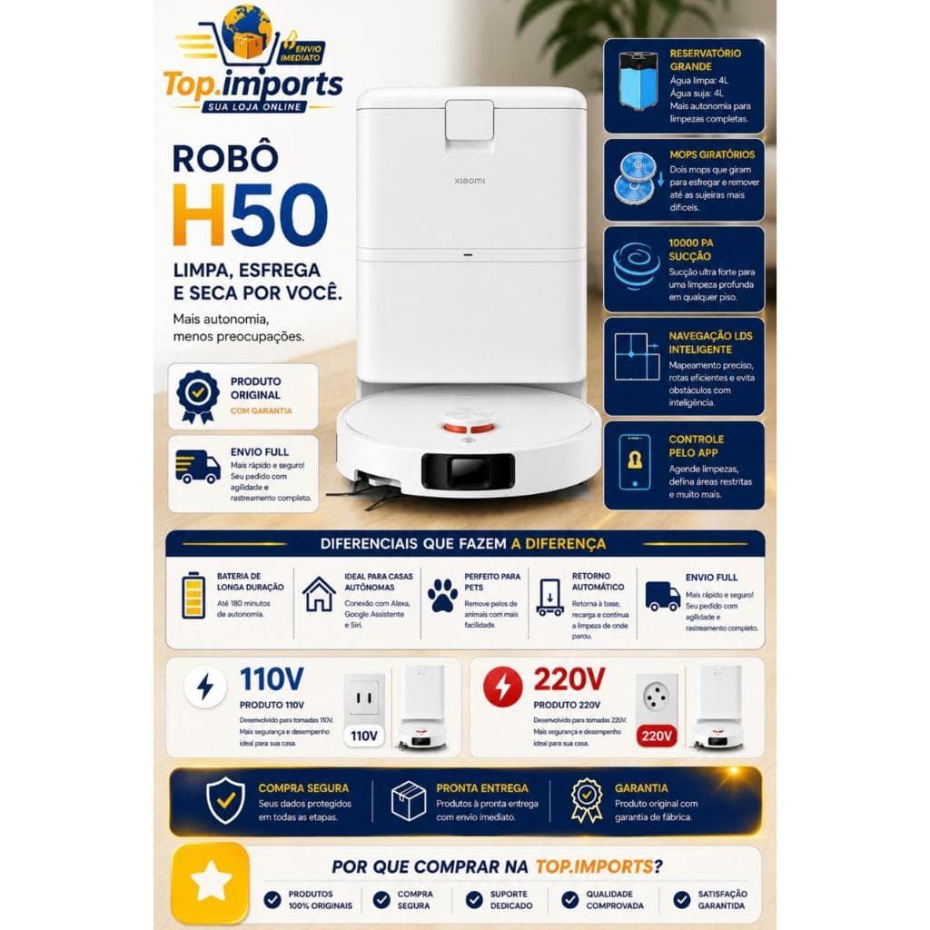 Robô aspirador Vacuum H50 Lavagem automática Estação autolimpante + sucção potente 10.000Pa.