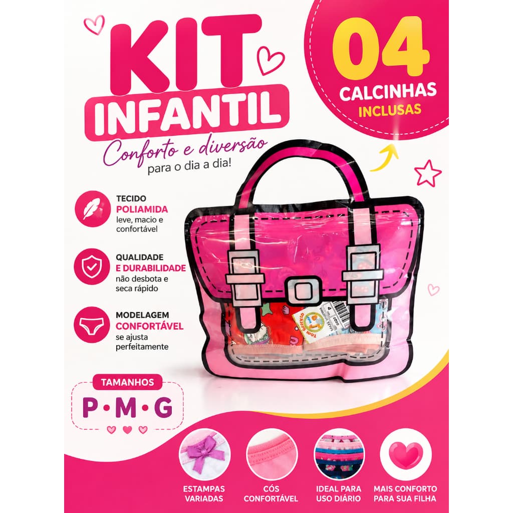 KIT 04 Calcinha Infantil Feminina Poliamida Com Bolsinha Presentiavel Moda Intima Delicado Promoção
