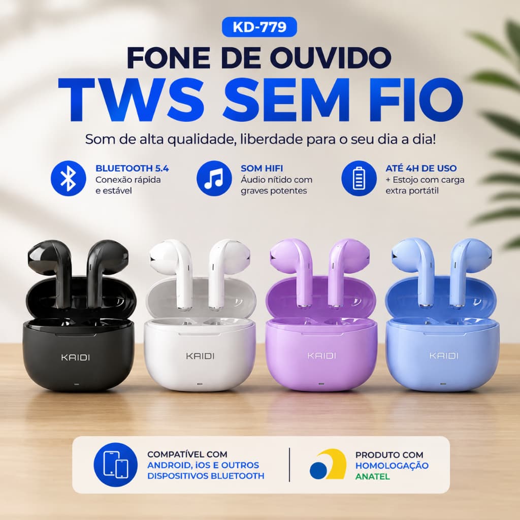 Fone de Ouvido Bluetooth 5.4 TWS KD-779 Sem Fio HiFi com Microfone Android iPhone USB-C Anatel