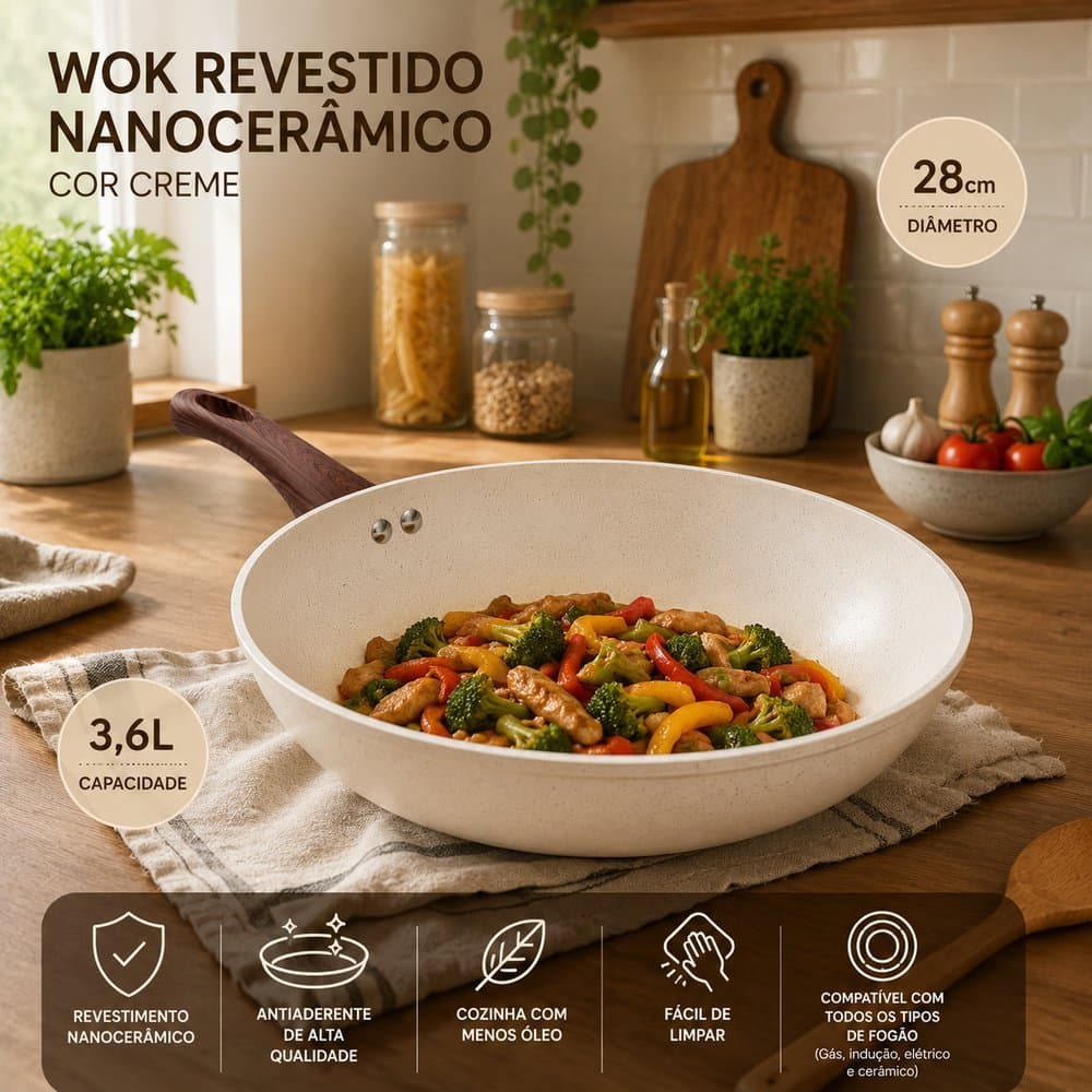 Frigideira WOK Revestida Nanocerâmico Antiaderente - 28cm - Creme