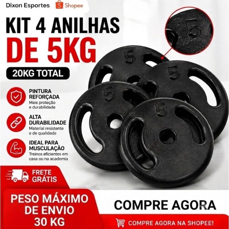 Kit 4 Anilhas 5kg Pintadas 20kg Total Ferro Fundido Academia Musculação Treino Envio Imediato