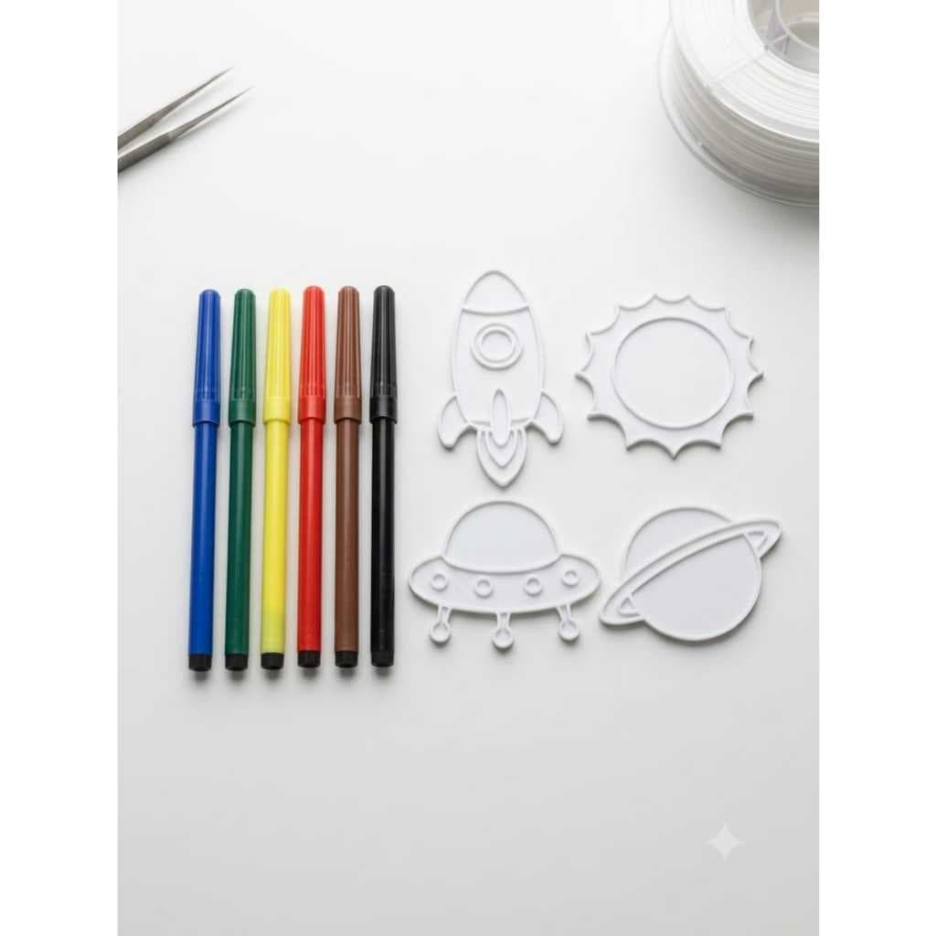 Kit Pintura Espaço Com 4 Desenhos + 6 Canetinhas Coloridas