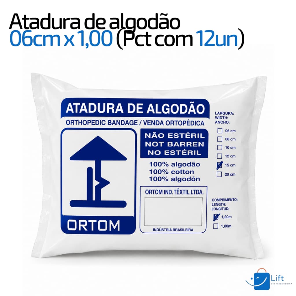 Atadura de Algodão Ortopédica Pacote c/ 12 Unidades | 06cm x 1,00 - Curativo e Proteção Ortofen