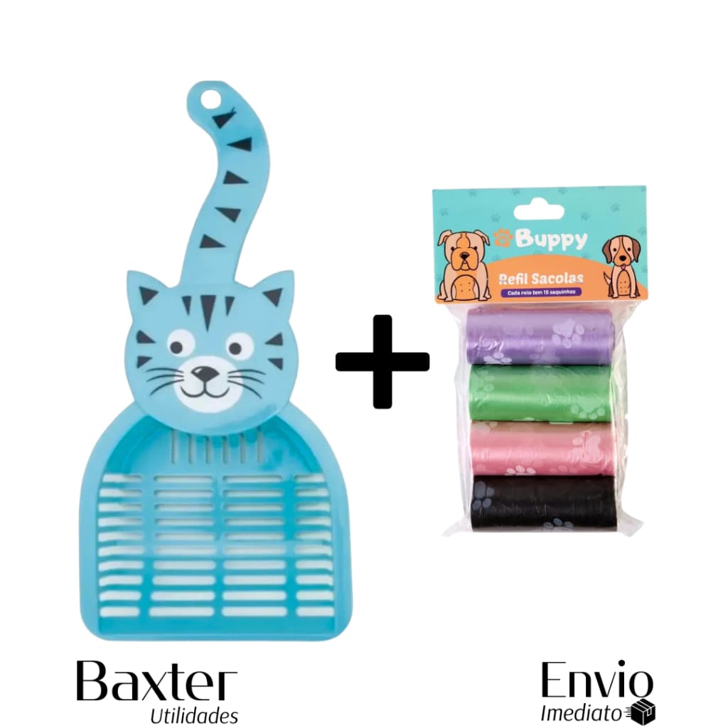 Kit higiene pet pá higiênica para areia de gato + rolo cata caca sacos higiênicos.