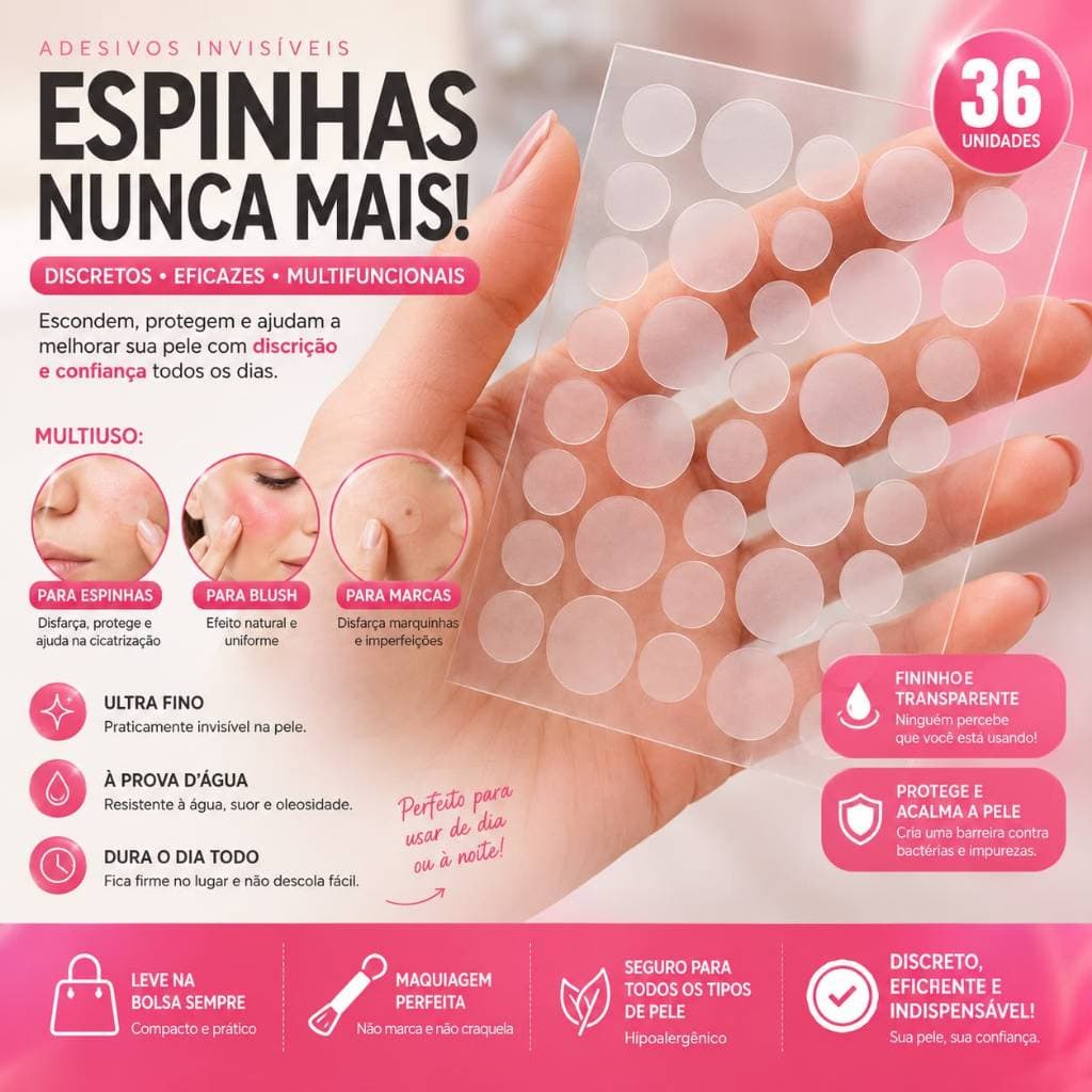 Kit 36/100 Adesivo Seca Espinha, Anti‑acne, Transparente Invisível Dia/Noite Secativo