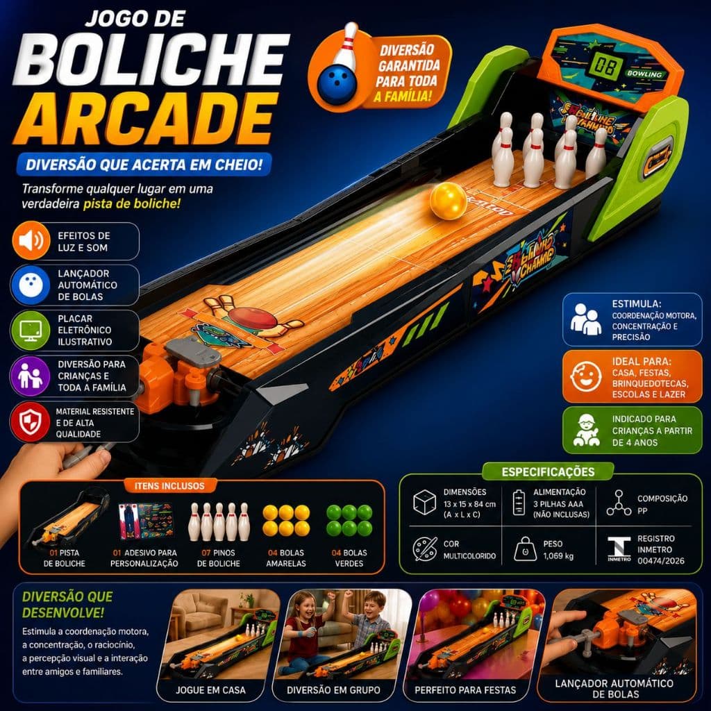 Jogo de Boliche Infantil Arcade com Luz, Som e Lançador Automático | Pista 84 cm | Brinquedo Educativo +4 Anos
