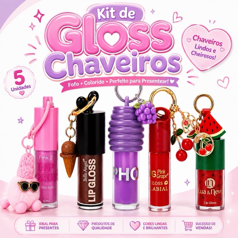 Kit 10 Gloss Labial Infantil Com Chaveiro Colecionável Lip Gloss Hidratante Variados