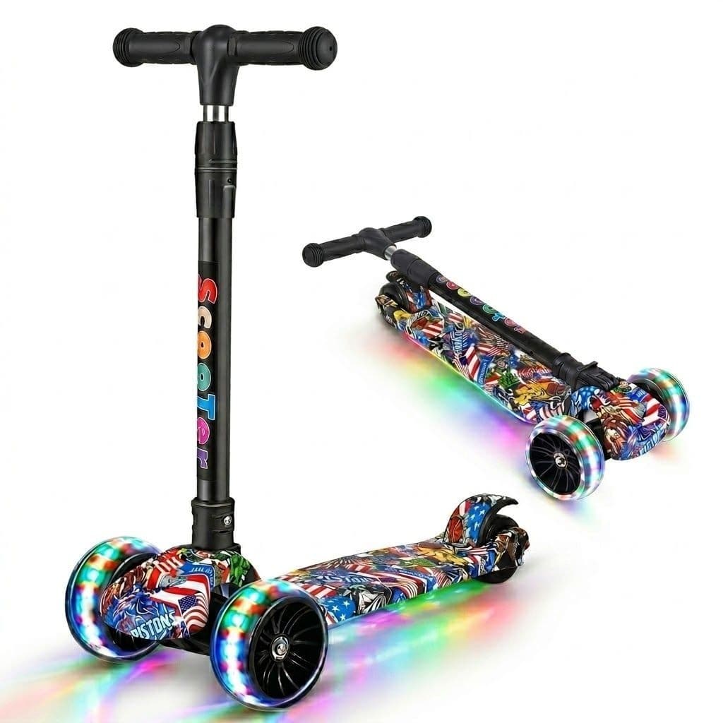 Patinete Infantil 4 Rodas LED Dobrável Altura Ajustável Seguro para Crianças 2-6 Anos