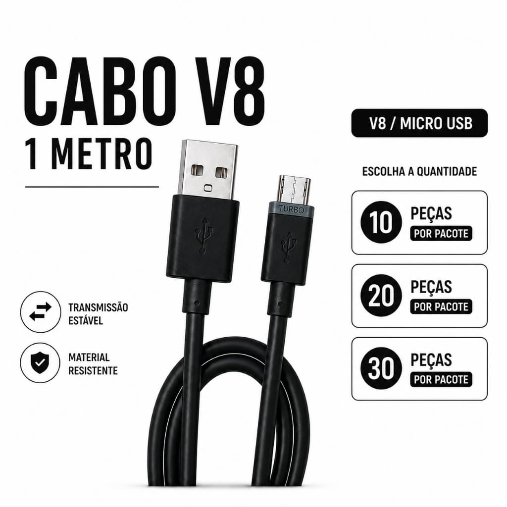 Kit 10/20/30 Cabos Carregador V8 Micro USB