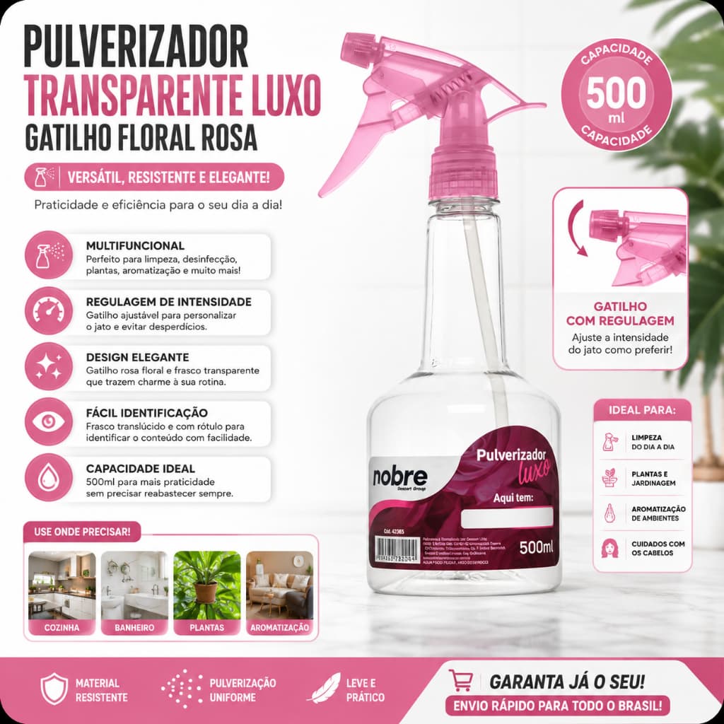 Pulverizador Borrifador 500ml Nobre Transparente Gatilho Regulável Multiuso para Limpeza Plantas Aromatizador Spray