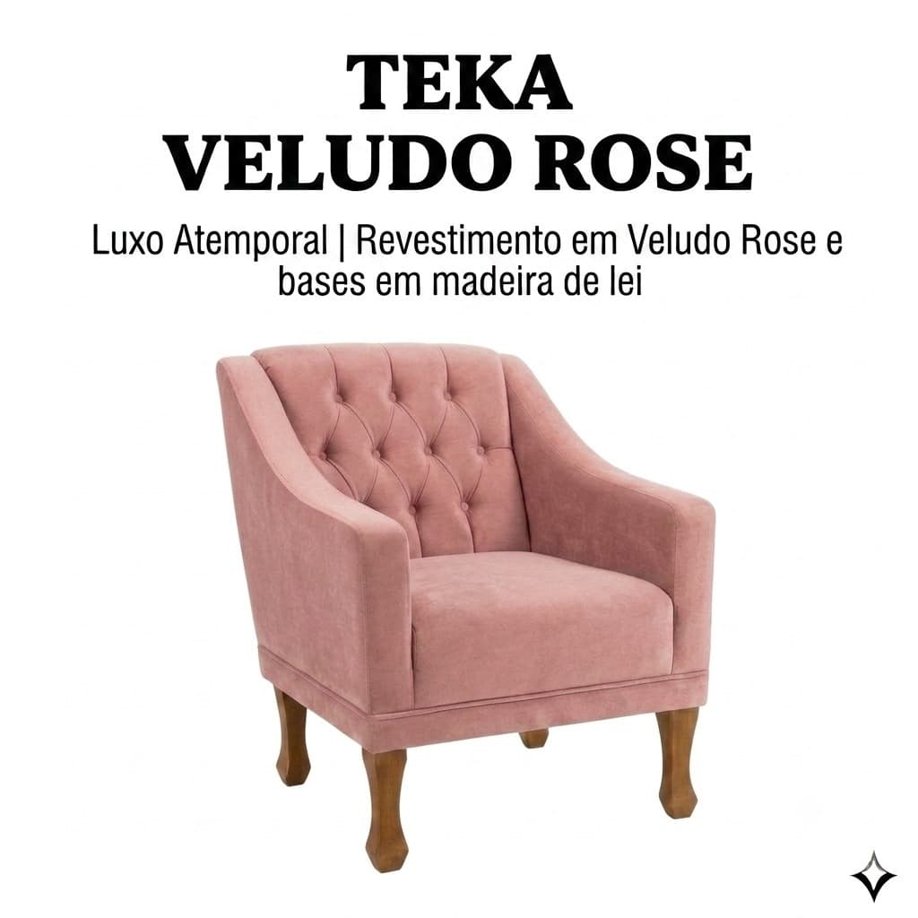 Poltrona Teka Veludo Rosê 🌸 Confortável Moderna Sala Quarto