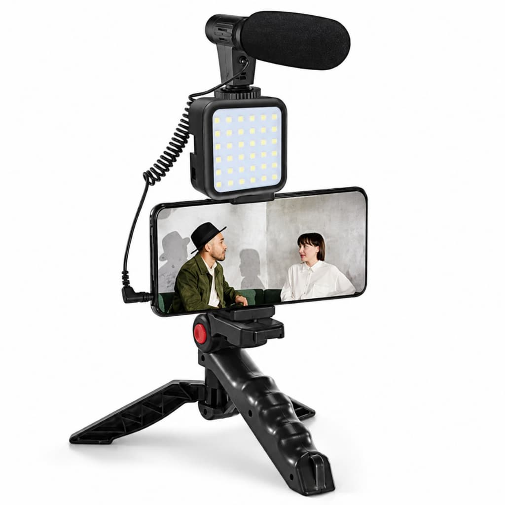 Kit Youtuber Tripe Vlog Live Suporte Celular Led com Microfone Fazer Vídeos