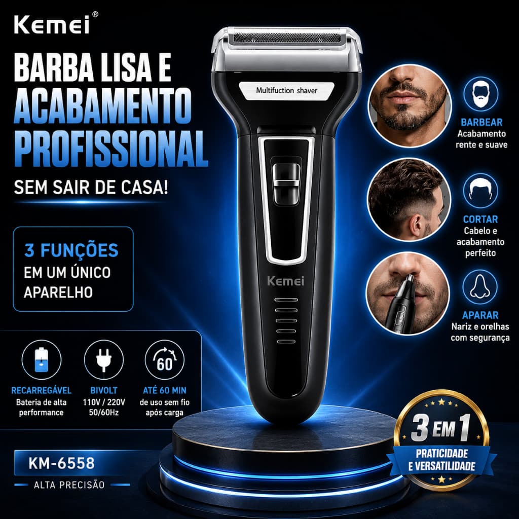 Aparador de Barba Kemei 3 em 1 Recarregável Bivolt Barbeador Elétrico Máquina de Cortar Cabelo KM6558